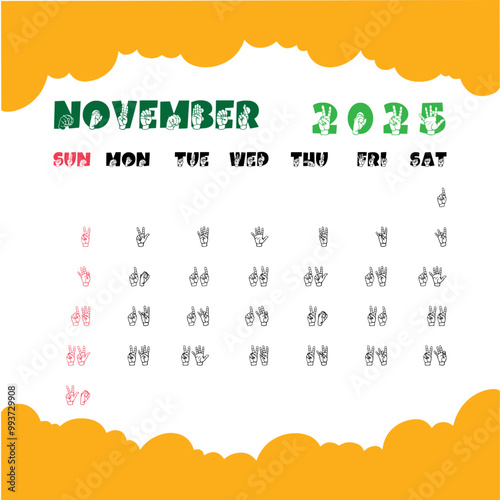 Asl 2025 November Calendar, American Sign Language Calendar For 2025 Year, ASL Calendar-11 Template. Mock Up, Layout Of A Wall Or Desk Simple Calendar