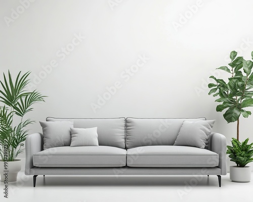 Stylish gray sofa in the center of a modern room, with potted plants adding touches of greenery and freshness to the neutral decor.