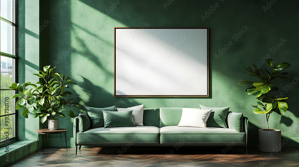 Green Living Room with Sofa, Plants and Blank Canvas Illustration Green Living Room with Sofa, Plants and Blank Canvas Illustration