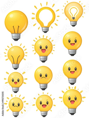 Yellow Light Bulb Icon, Modern Spark Idea Bulb, Vector, Digital Image, Bright Kawai Bulb Clipart, White background