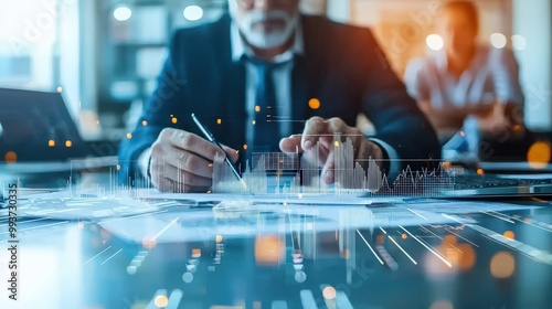 A businessman analyzes data trends at a modern office desk. The focus is on hands working with reports and digital graphs, showcasing insights.