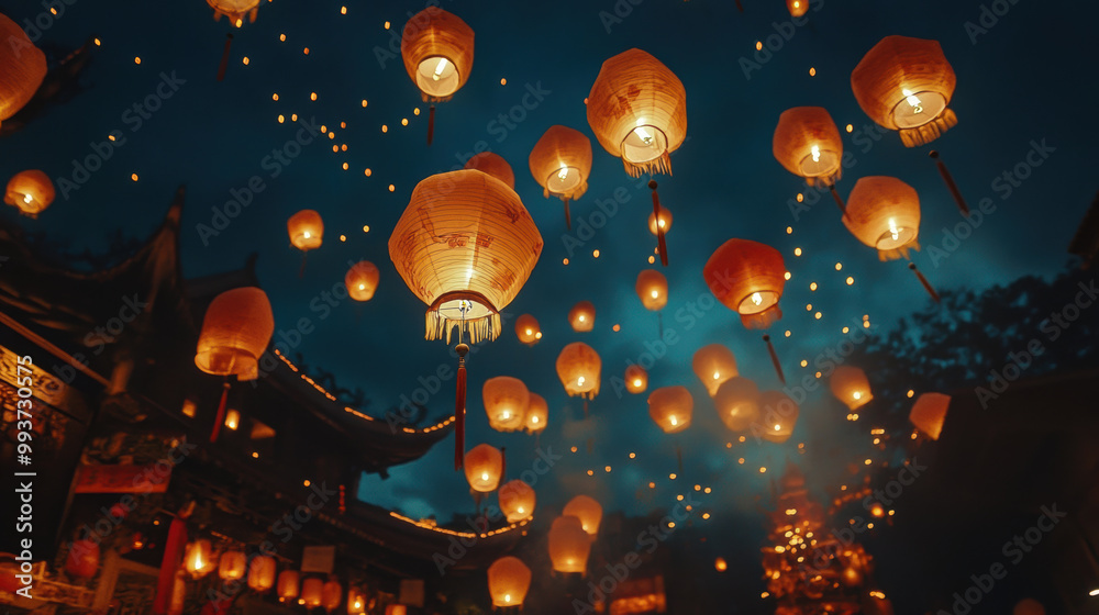 Floating lanterns illuminate night sky during vibrant festival, creating magical atmosphere filled with warmth and wonder. scene captures beauty of tradition and celebration
