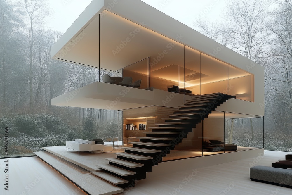 Fototapeta premium Ultra modern cantilevered home with floating upper levels and expansive glass walls set in a foggy forest landscape presenting a striking architectural statement in contemporary design