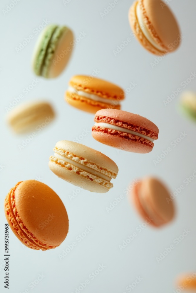 Colorful macarons falling against a white background. Colorful macarons falling against a white background.