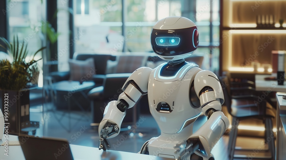 Robot works in an office without people Robot works in an office without people