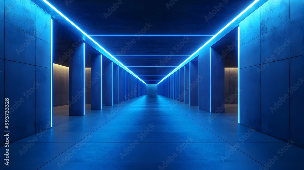 3D Blue Neon Lights Corridor - Abstract Architecture Background 3D Blue Neon Lights Corridor - Abstract Architecture Background