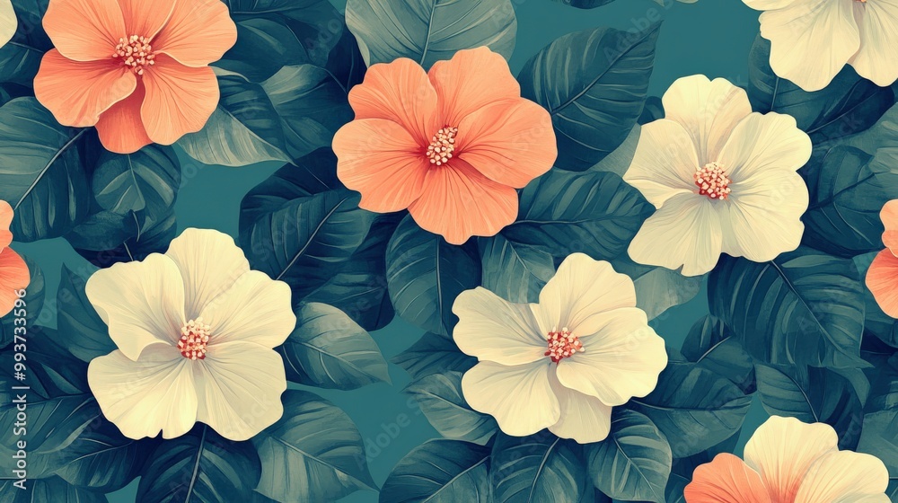 Teal floral pattern with red and green flowers on a vintage-inspired, modern teal background Teal floral pattern with red and green flowers on a vintage-inspired, modern teal background