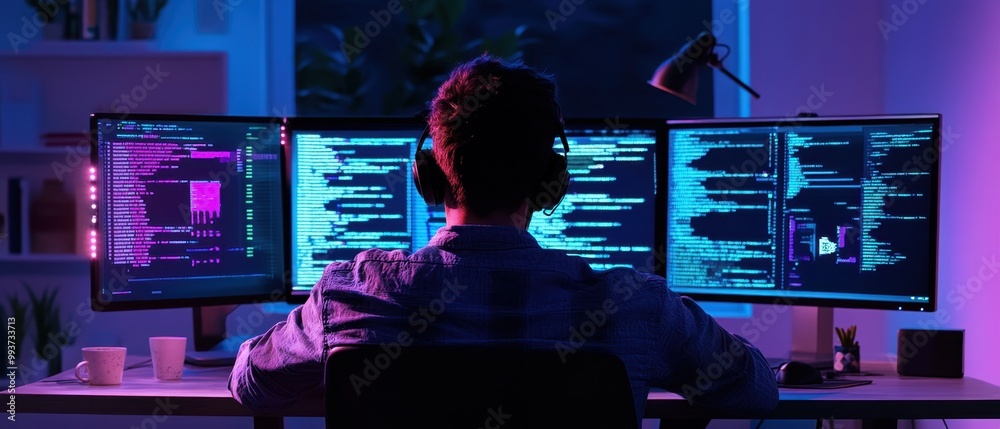 Obraz premium Focused Programmer at Workstation with Multiple Screens