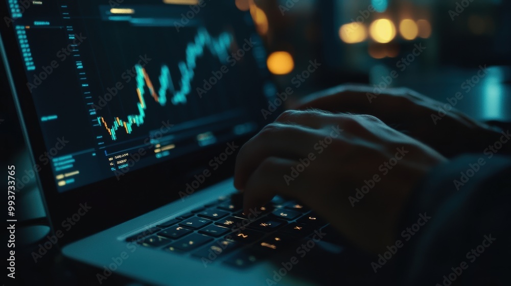 Stock market trader analyzing charts on laptop at night Stock market trader analyzing charts on laptop at night
