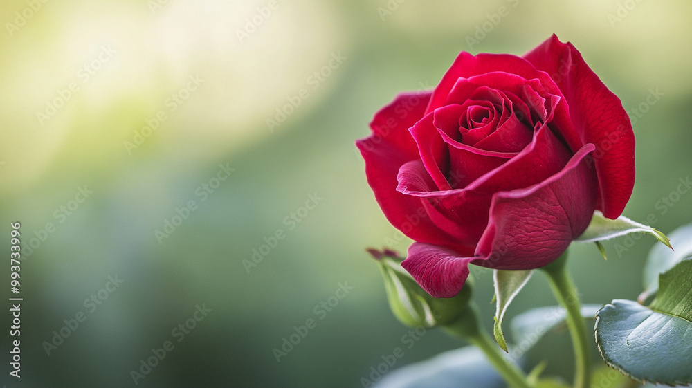 Vibrant red rose in full bloom close-up with lush green background – romantic floral beauty.