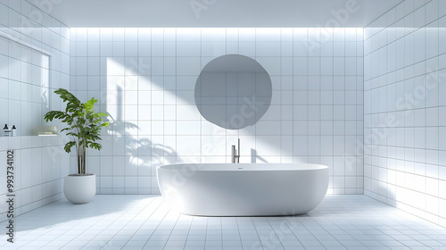 Modern Minimalist Bathroom with White Tiles and Freestanding Tub - 3D Illustration