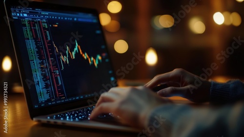 Businessman analyzing falling stock market graph on laptop at night