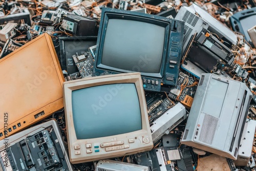 A collection of outdated electronic devices, including old monitors and circuit boards, piled together creating a scene of electronic waste. photo