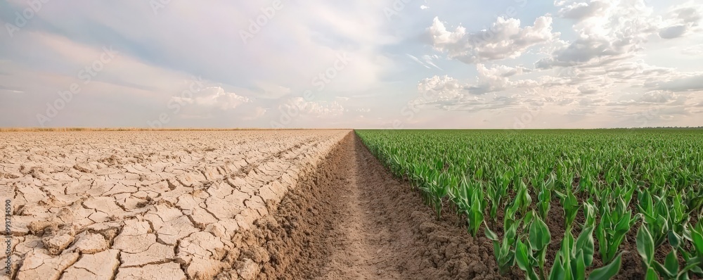 The image contrasts a barren, dry landscape on one side with a lush, green field on the other, highlighting the impact of climate and land management. The image contrasts a barren, dry landscape on one side with a lush, green field on the other, highlighting the impact of climate and land management.