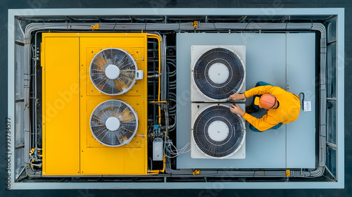 Aerial view showcasing the detailed HVAC system installed on the rooftop of a modern commercial building highlighting the complex infrastructure and technology required to efficiently heat ventilate photo