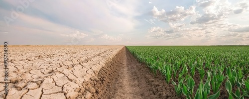 The image contrasts a barren, dry landscape on one side with a lush, green field on the other, highlighting the impact of climate and land management.