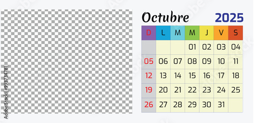 October Calendario Octubre Calendar 2025 , Horizontal Calendar Template. Mock Up, Layout Of A Wall Or Desk Simple Calendar