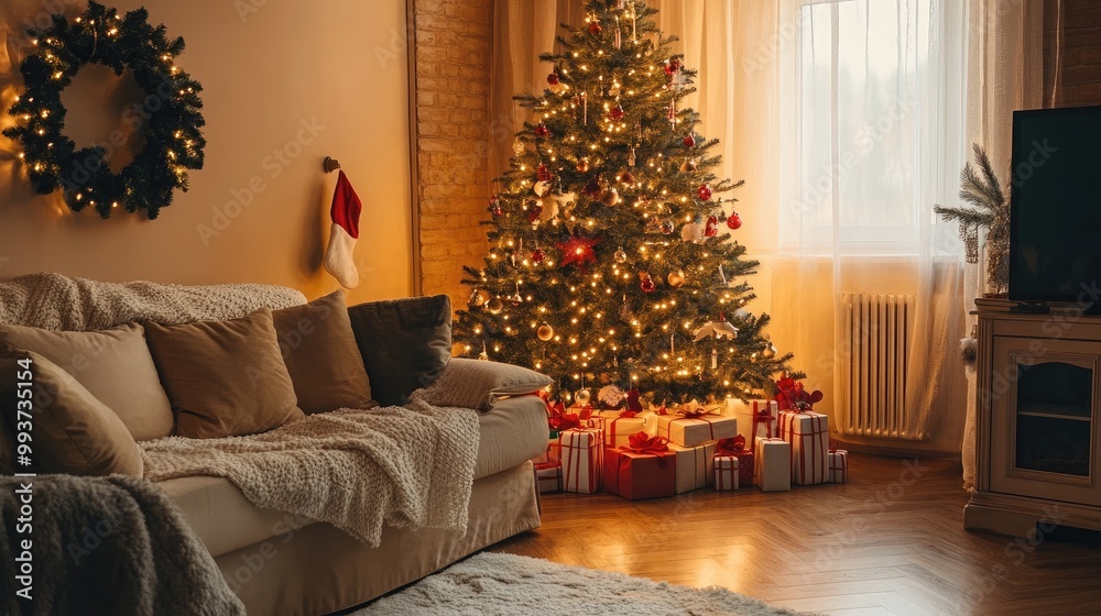 Cozy living room with a beautifully decorated Christmas tree, Cozy living room with a beautifully decorated Christmas tree,