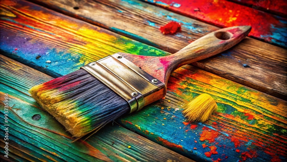 Fototapeta premium Vintage Paint Brush on Rustic Wooden Surface with Colorful Paint Stains and Artistic Touches