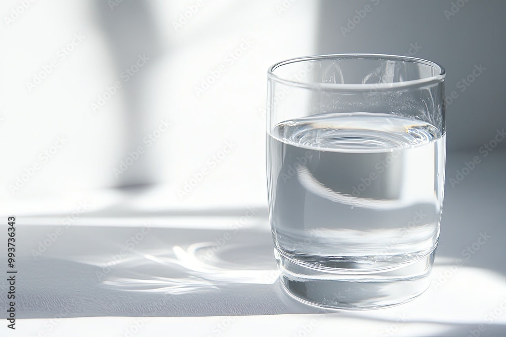 Simple drinking glass with clear water, soft light catching the surface, minimal and refreshing Simple drinking glass with clear water, soft light catching the surface, minimal and refreshing