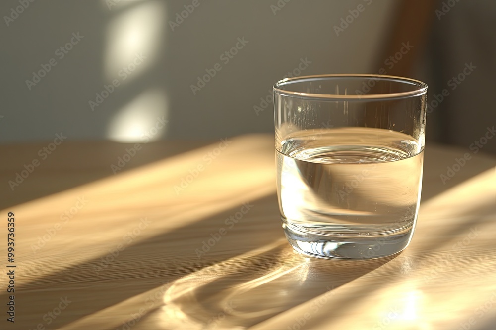 Simple drinking glass with clear water, soft light catching the surface, minimal and refreshing Simple drinking glass with clear water, soft light catching the surface, minimal and refreshing