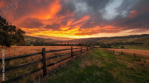 A dramatic sunset casting warm hues over a split-rail fence, with rolling hills in the distance, creating a peaceful and idyllic countryside scene.