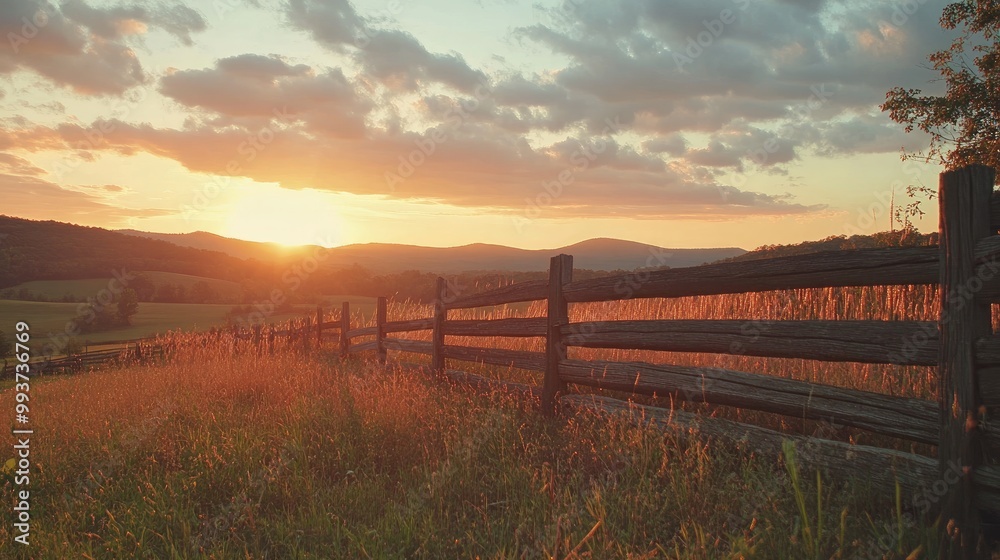 A dramatic sunset casting warm hues over a split-rail fence, with rolling hills in the distance, creating a peaceful and idyllic countryside scene. A dramatic sunset casting warm hues over a split-rail fence, with rolling hills in the distance, creating a peaceful and idyllic countryside scene.
