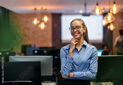 Empowered Elegance: A Confident Businesswoman Radiates Success in Front of Her Office.