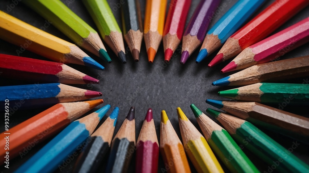 A collection of color pencils on black background A collection of color pencils on black background