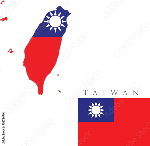 Taiwan flag icon set. Taiwanese pennant in official colors and proportions. Rectangular, map- Flat vector illustration isolated on white . taiwan map official color on white background