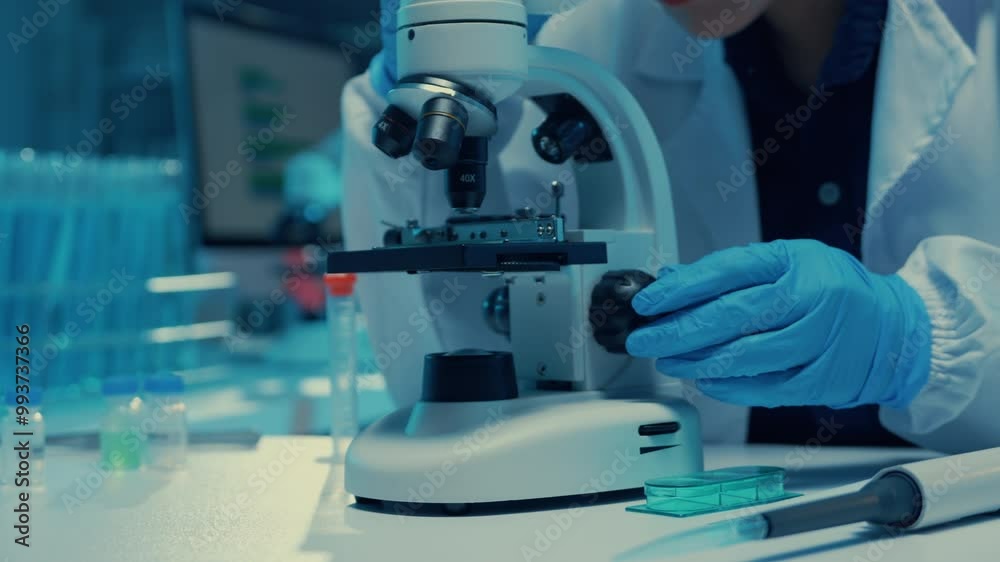 Scientist wearing gloves and a lab coat adjusts a microscope in a laboratory environment, focusing on research and analysis Scientist wearing gloves and a lab coat adjusts a microscope in a laboratory environment, focusing on research and analysis
