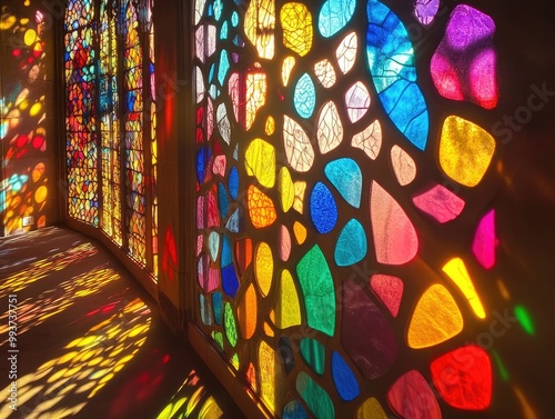 Stained glass with intricate patterns and bold colors, the sunlight creating a kaleidoscope of colors