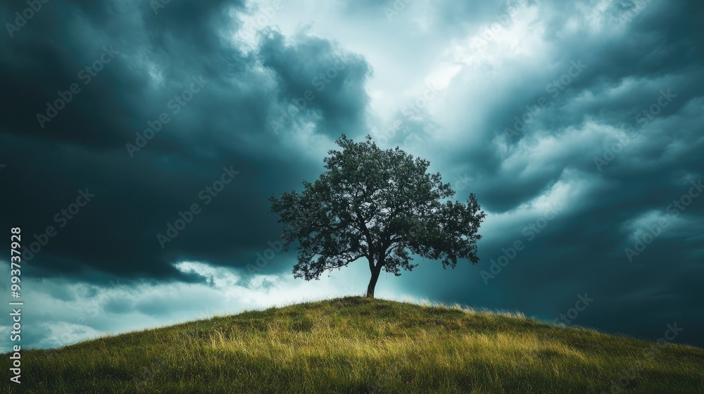 Obraz premium A dynamic image of a lone tree standing on a hilltop during a storm, with dramatic clouds overhead, capturing the raw power of nature.