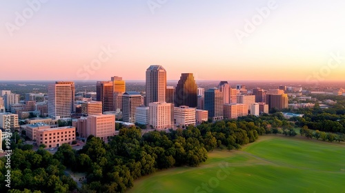 Urban landscape featuring a mix of modern high-rises and historic buildings