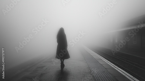 Woman in Fog at Train Station