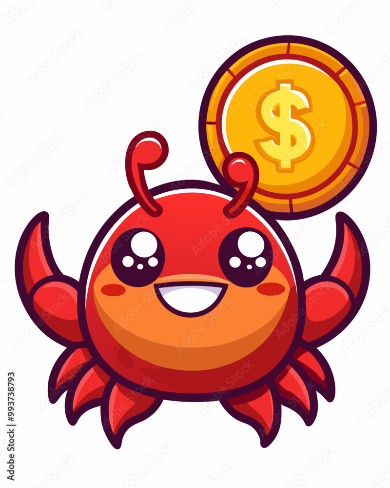 Fototapeta premium Cute Crab Holding Gold Coin Cartoon Vector Icon Illustration. Animal Finance Icon Concept Isolated Premium Vector. Flat Cartoon Style 