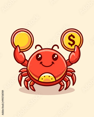 Cute Crab Holding Gold Coin Cartoon Vector Icon Illustration. Animal Finance Icon Concept Isolated Premium Vector. Flat Cartoon Style
