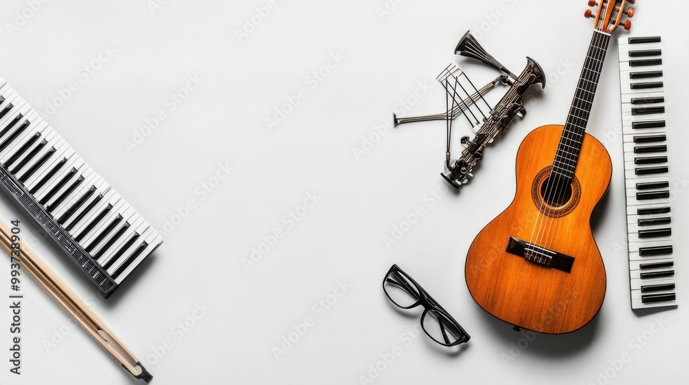 Fototapeta premium A guitar and a keyboard are on a white background