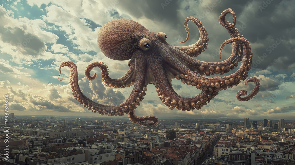 A huge octopus floating in the sky above the city, view from the ground A huge octopus floating in the sky above the city, view from the ground