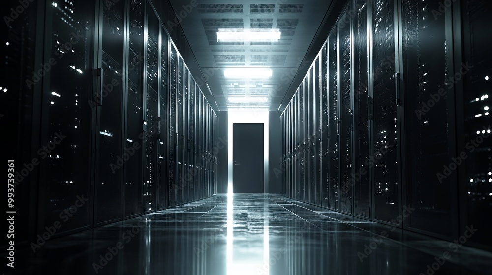 Large Server in Open Server Room Surrounded by Modern Data Drives. AI generated illustration Large Server in Open Server Room Surrounded by Modern Data Drives. AI generated illustration