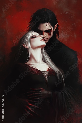 Dark romantic embrace between vampire couple in a crimson-lit setting at dusk