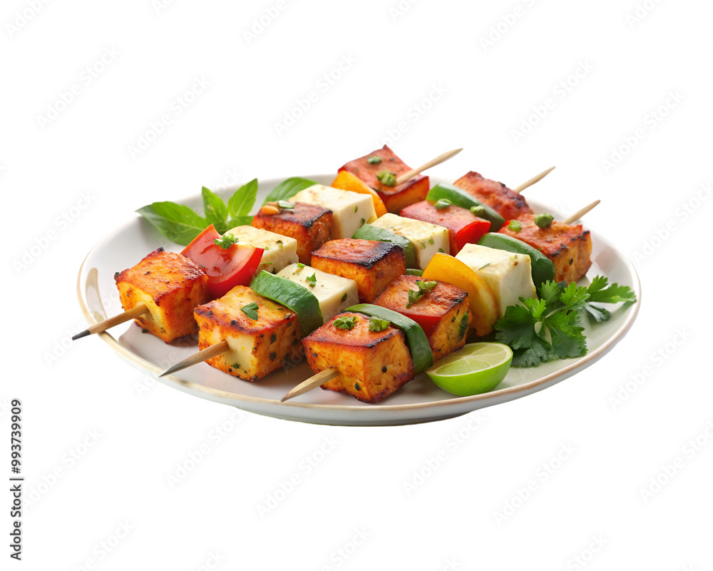 Succulent paneer tikka skewers garnished with fresh herbs on a pristine white plate Aromatic Indian cuisine: grilled paneer and vegetable skewers against transparent PNG background Succulent paneer tikka skewers garnished with fresh herbs on a pristine white plate Aromatic Indian cuisine: grilled paneer and vegetable skewers against transparent PNG background