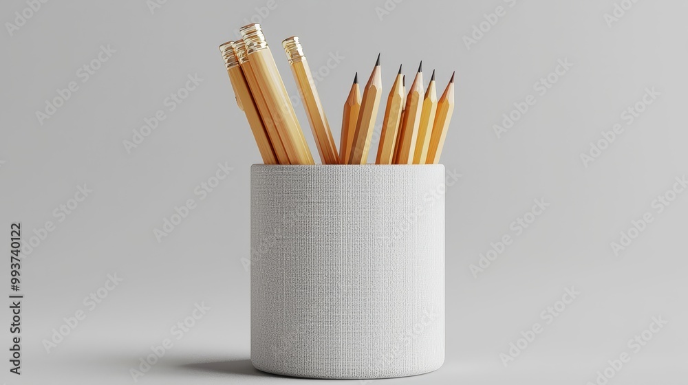 Pencils arranged in a white container on a neutral background. Pencils arranged in a white container on a neutral background.