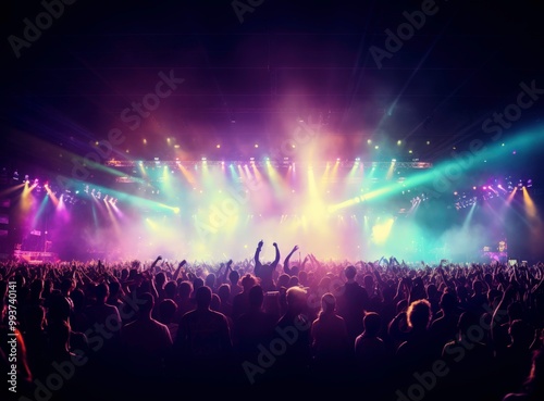 Crowd at concert, illuminated by stage lights. Perfect for music event promotions, advertisements, or articles on live performances. Generative AI