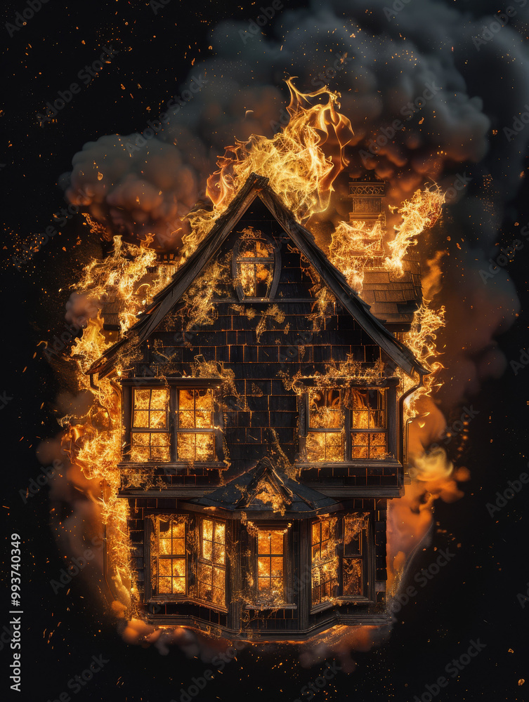 Fototapeta premium An old wooden house goes up in flames black background , full details