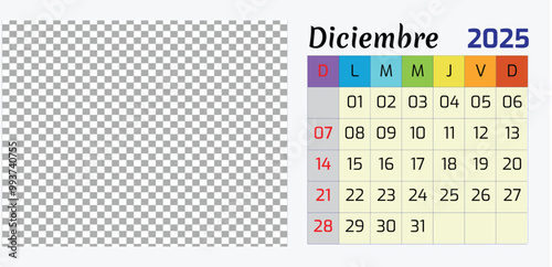 Spanish Calendario Diciembre Calendar 2025 December , Horizontal Calendar Template. Mock Up, Layout Of A Wall Or Desk Simple Calendar