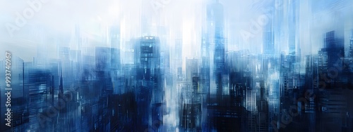 A cityscape of New York made up entirely from blue abstract shapes  with skyscrapers and buildings of various heights  all in shades of light to dark blue