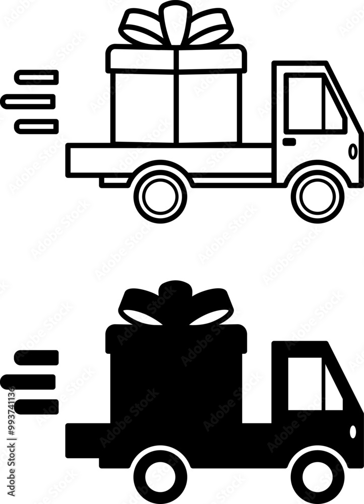 Gift Delivery Icons. Black and White Vector Icons. Car Carrying Big Gift Box. Holiday Concept Gift Delivery Icons. Black and White Vector Icons. Car Carrying Big Gift Box. Holiday Concept
