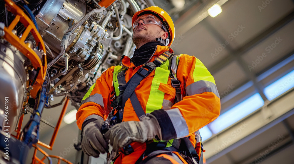 maintenance engineer in orange safety suit inspects machinery with focus and determination. industrial setting highlights importance of safety and precision in engineering work maintenance engineer in orange safety suit inspects machinery with focus and determination. industrial setting highlights importance of safety and precision in engineering work