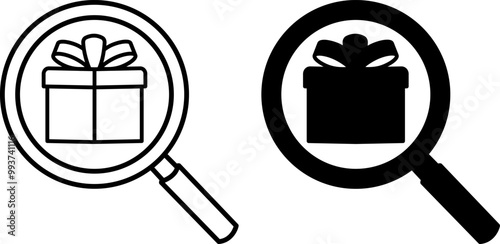 Find Gift Icons. Black and White Vector Icons. Magnifying Glass and Gift Box. Holiday and Shopping Concept
